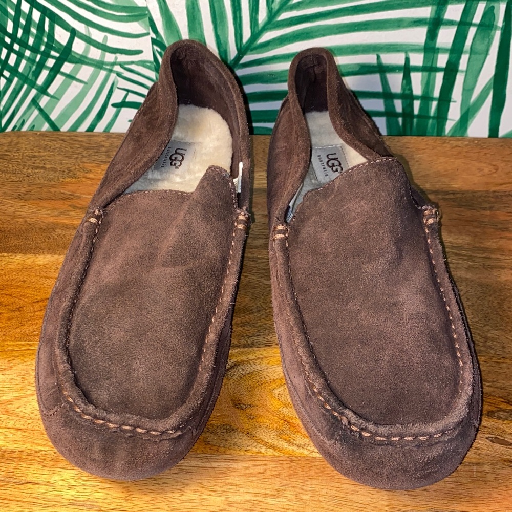 UGG Alder Chocolate Suede Slip-Ons Shearling Lined Mens 13 1003419